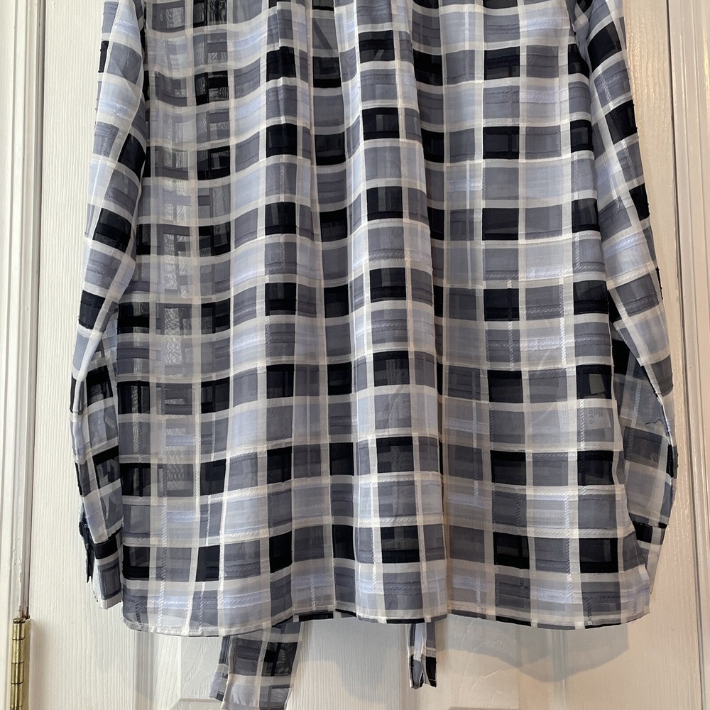 Ann Taylor Sheer Blouse Small Blue Plaid Tie Neck Long Sleeve Office Workwear - Picture 8 of 16